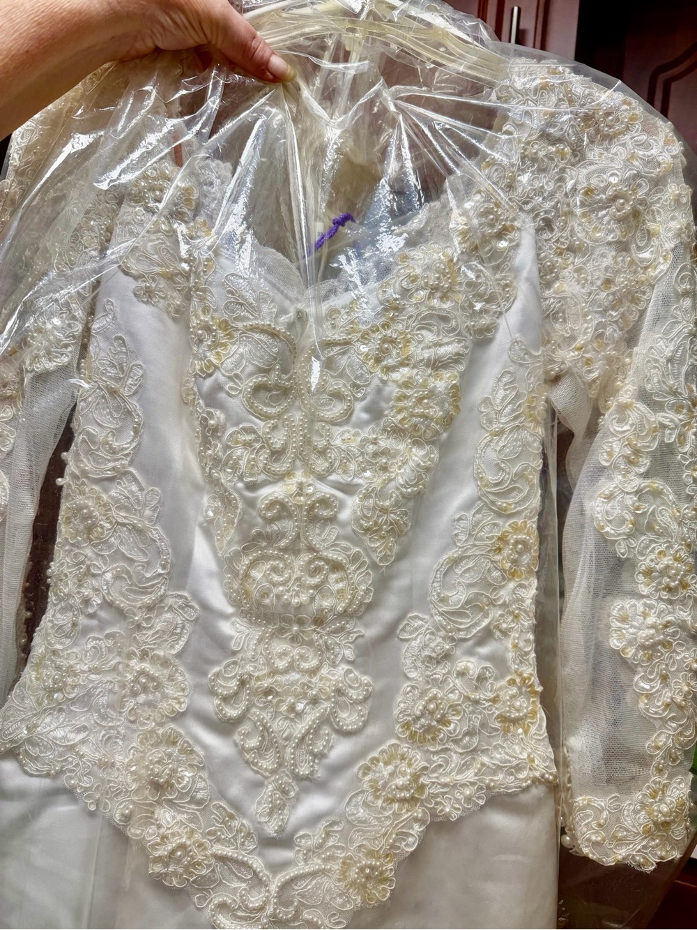 Off-Shoulder White Beaded Lace Wedding Gown